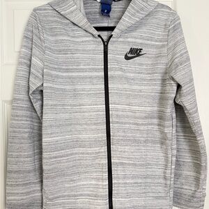 Nike Light Gray Striped Full-Zip Hooded Jacket with Black Logo